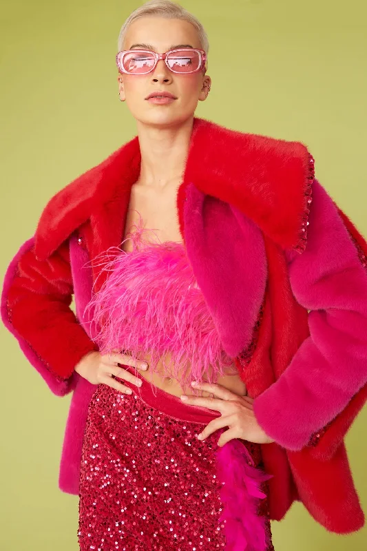 Buy Me Fur - Women's Pink Eco Faux Fur Midi Sequins Star Coat Turtleneck Wrap Cape