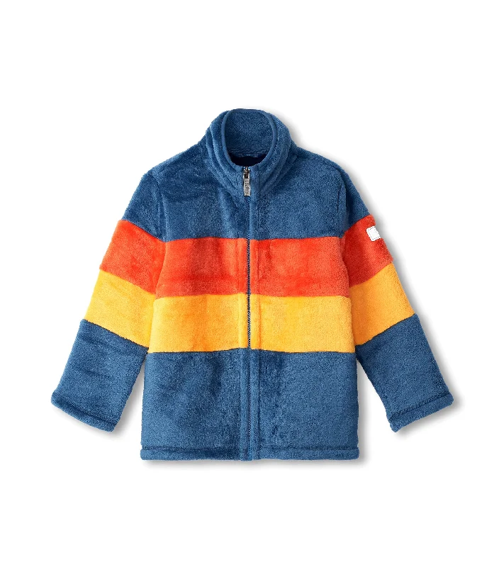 Color Block Stripes Fuzzy Fleece Zip-Up Jacket | Navy Fleece Jacket Down Jacket Parka