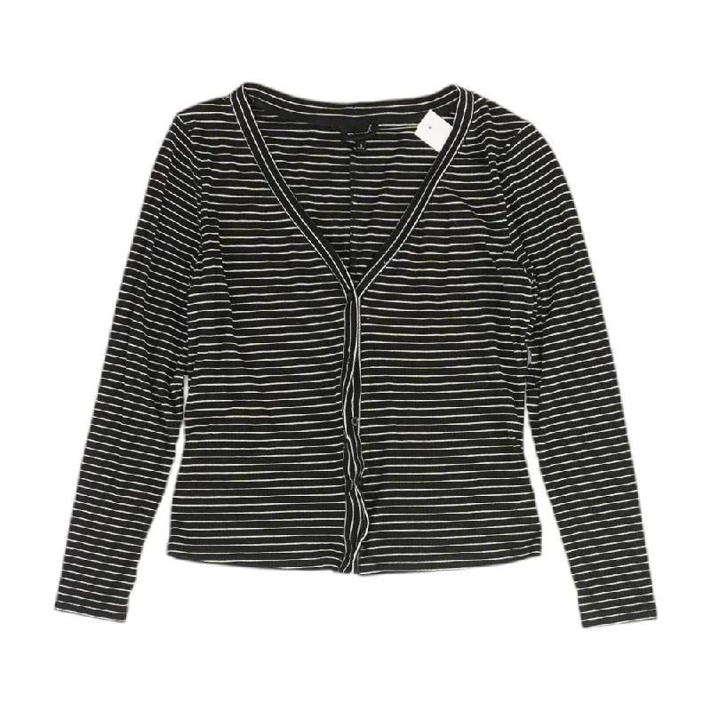 Black Striped Cardigan Sweater Front Pockets Side Pockets Patch Pockets