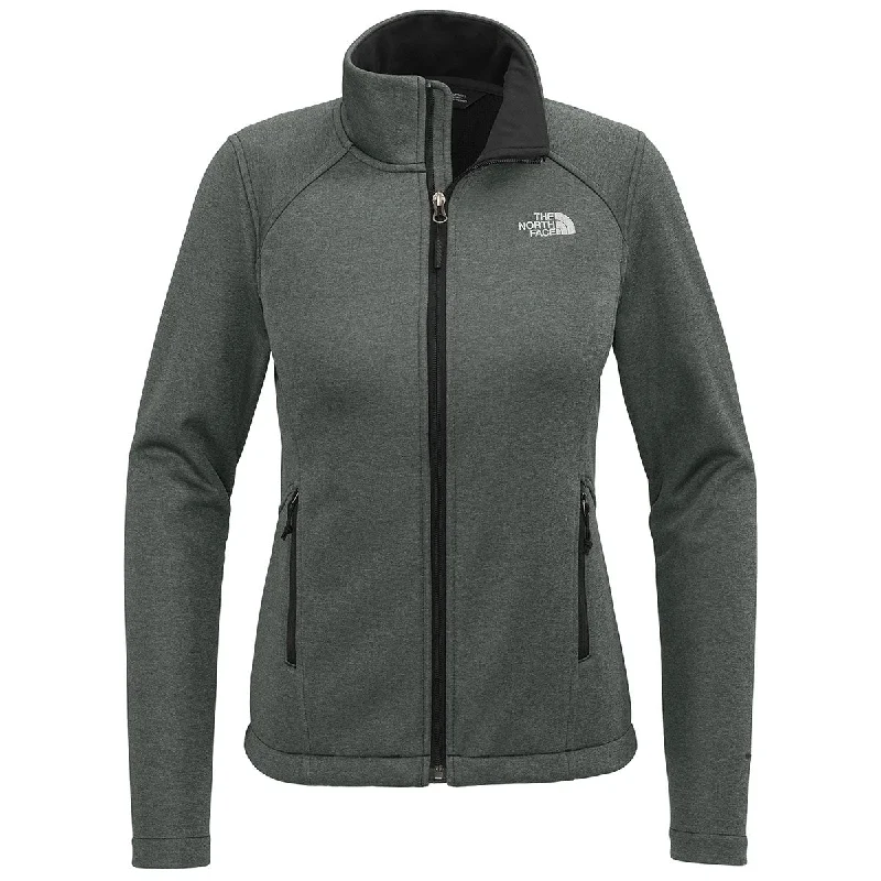 The North Face Women's TNF Dark Grey Heather Chest Logo Ridgewall Soft Shell Jacket Welt Pockets Slit Pockets Flap Pockets