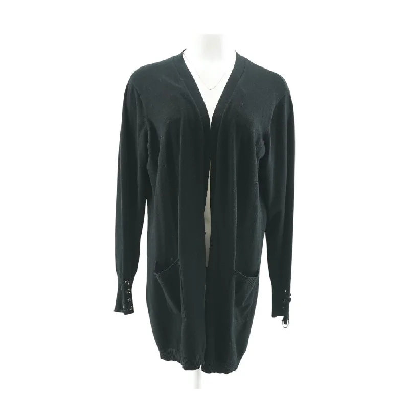 Black Solid Cardigan Sweater Satin Blend Silk Blend Wool Blend