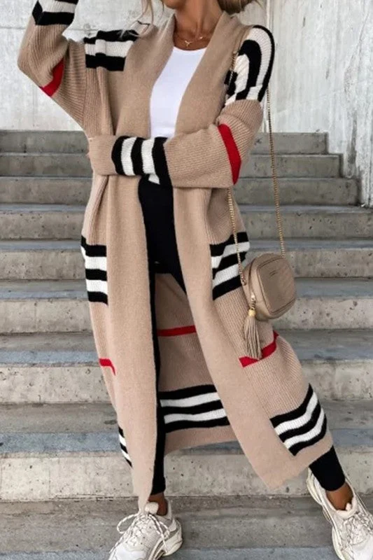 STRIPED PATCHWORK LONG CARDIGAN Terry Blend Velvet Blend Canvas Blend
