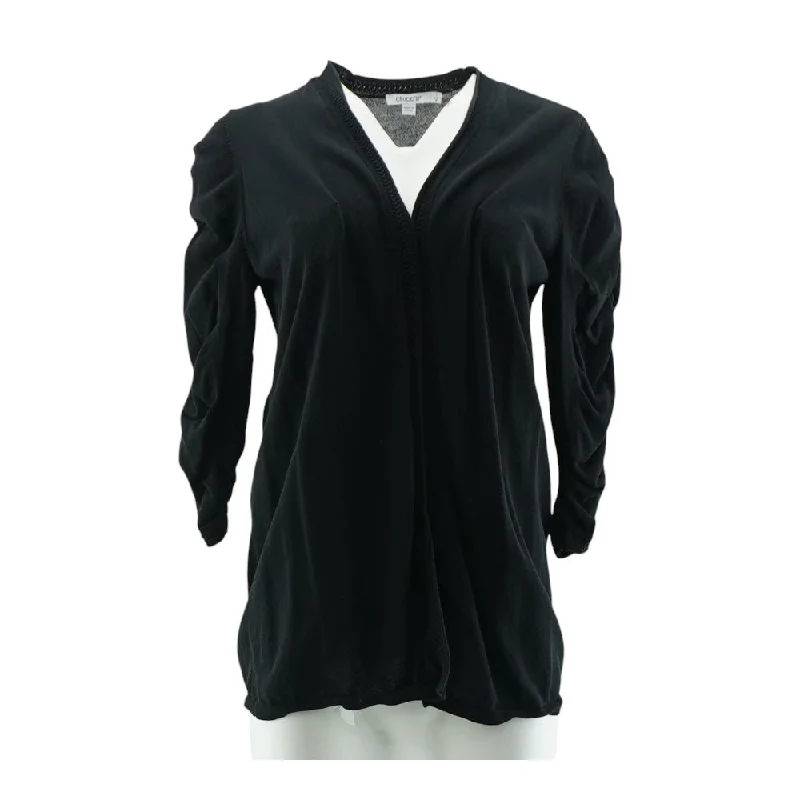Black Solid Cardigan Sweater Spandex Rayon Corduroy