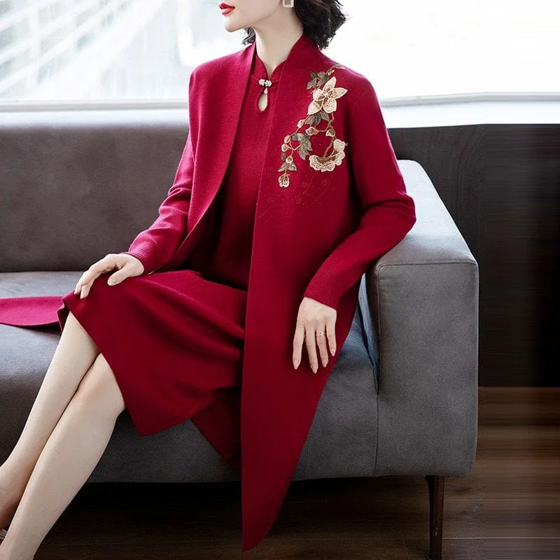 Winter collection, Thick Knitting Cheongsam coat set for mothers Boat Shawl Notched