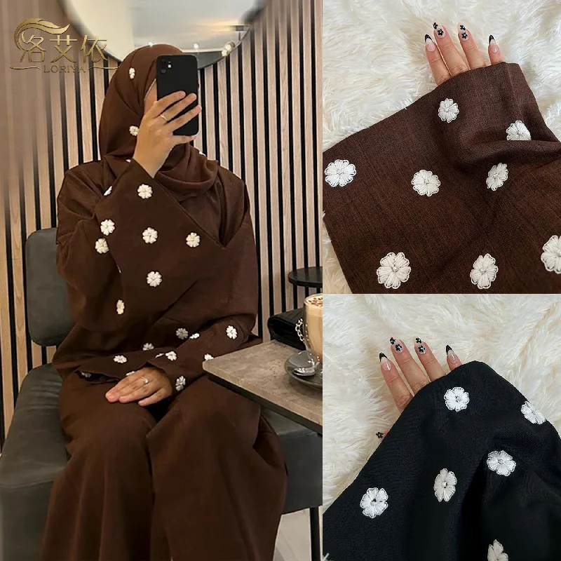 LR852 Fashionable Cloud Embroidery Dubai Turkish Elegant Cardigan Abaya Welt Pockets Slit Pockets Flap Pockets