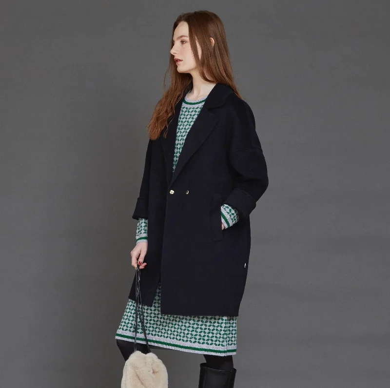 DiDi Guranjie Wool River Cocoon Coat in Navy Boat Shawl Notched