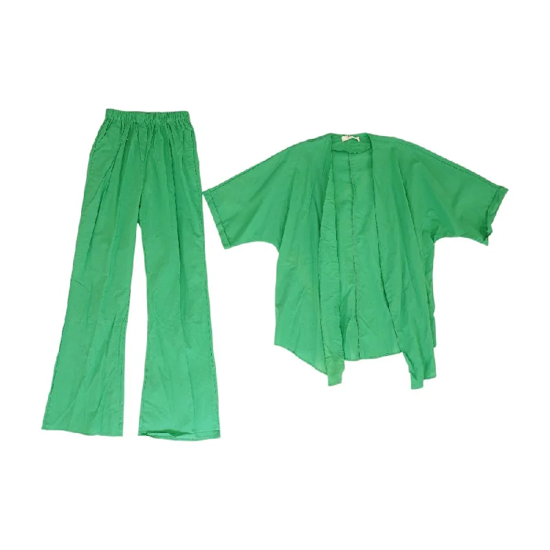 Green Solid Cardigan Sweater and Pants Set Welt Pockets Slit Pockets Flap Pockets
