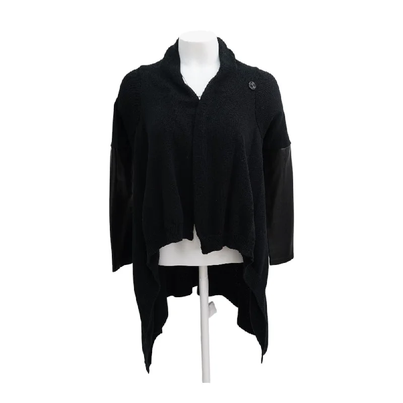 Black Solid Cardigan Sweater Real Fur Shearling Chenille