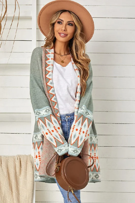 Geometric Open Front Long Sleeve Cardigan Ribbed Striped Patterned