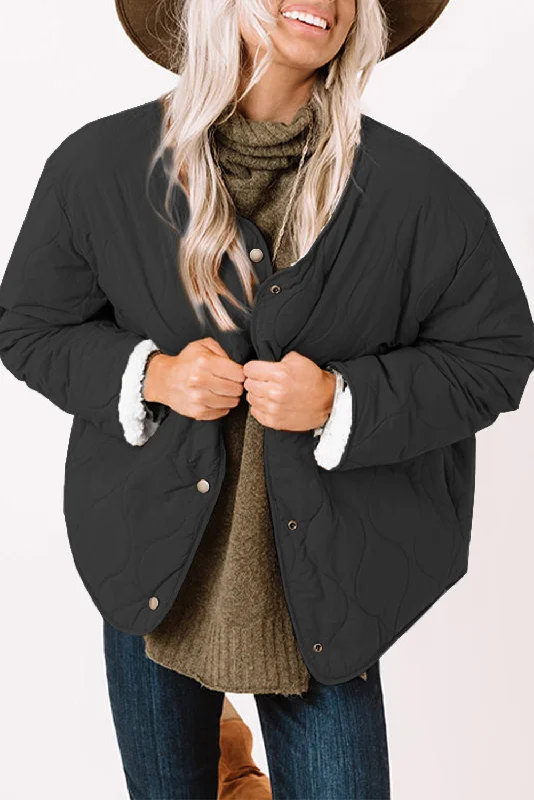 Black Snap Button Furry Reversible Coat Cuffed Rolled Raglan