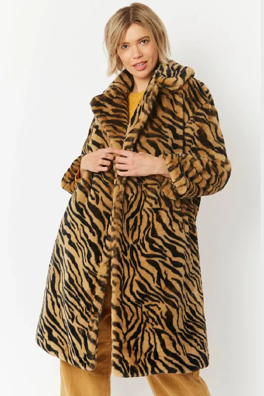 Buy Me Fur - Women's Animal Print Faux Fur Midi Shaved Shearling Coat Shawl Collar Notch Collar Lapel Collar