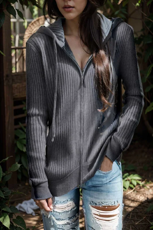 casual zip cardigan long sleeve knit hoodie shirt drop shoulder v neck closed jewel Striped Floral Plaid