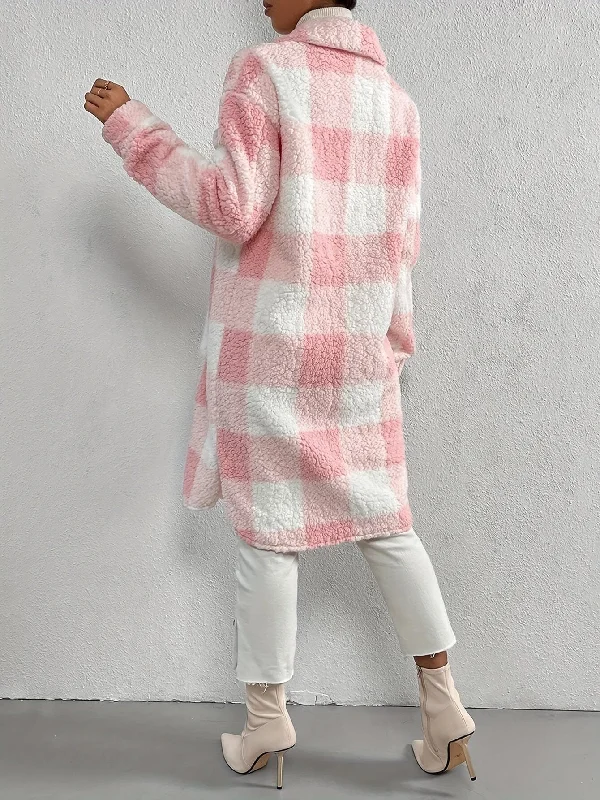 Women's Pink and White Plaid Teddy Coat Houndstooth Jacket Shearling Jacket Fleece Jacket