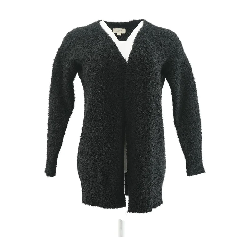 Black Solid Cardigan Sweater Notch Collar Peter Pan Collar Cowl Neck