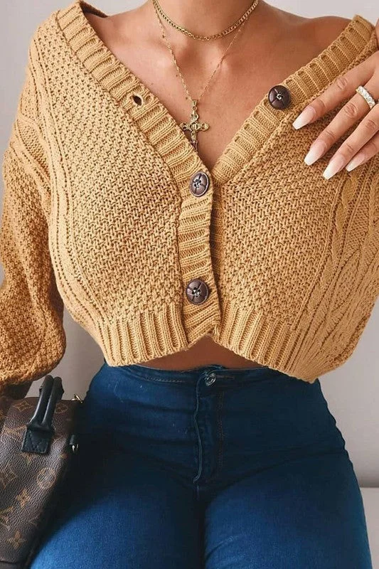 CROPPED RIBBED CUFFS V NECK CARDIGAN Notch Collar Peter Pan Collar Cowl Neck