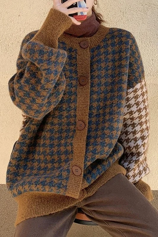 SOFT THICK HOUNDSTOOTH PRINTED KNITTED CARDIGAN Zippered Buttoned Snapped