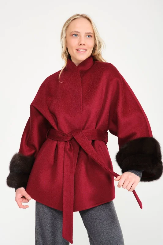 Burgundy Wool Coat Striped Polka Dot Floral