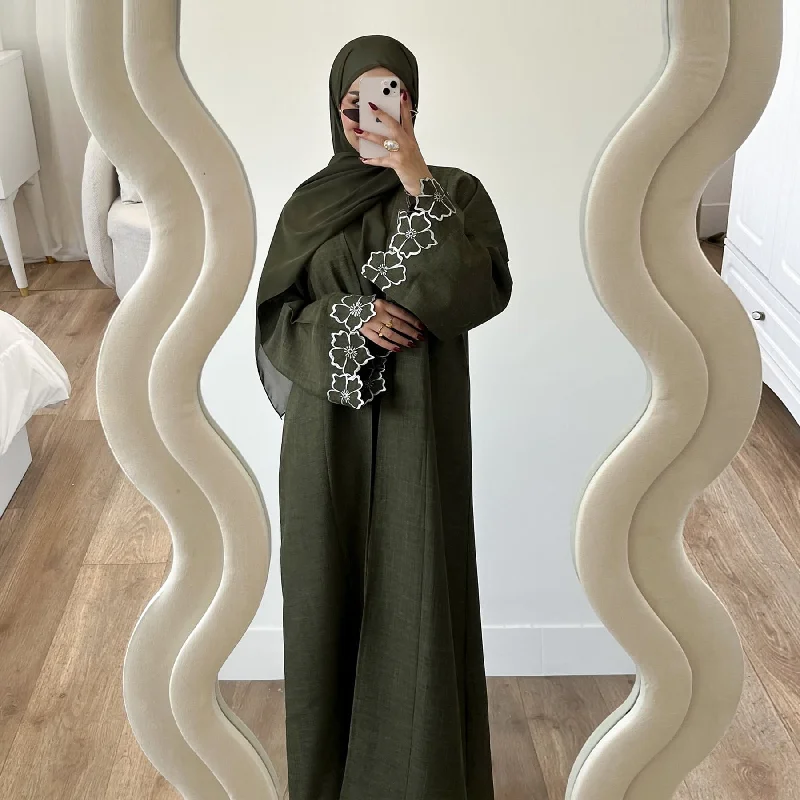 LR899&LR900 Turkish Dubai Embroidered Flower Cardigan Abaya Knit Fabric Woven Fabric Fleece Fabric
