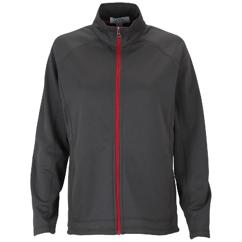 Vantage Women's Dark Grey/Sport Red Brushed Back Micro-Fleece Full-Zip Jacket Zippered Jacket Buttoned Jacket Snapped Jacket