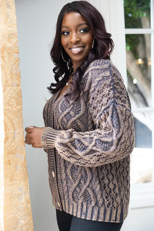 Copper Toned Cable Knit Cardigan Fitted Slim Tailored