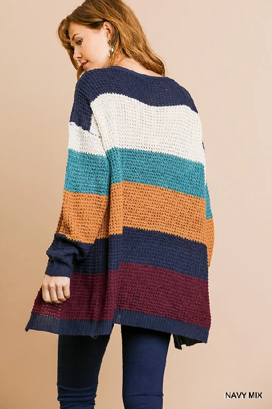 UMGEE Multicolored Striped Long Sleeve Knit Open Front Sweater Cardigan Solid Print Embellished