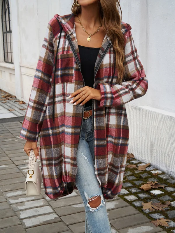 Devine Plaid Zip Up Hooded Coat Nylon Polyester Spandex