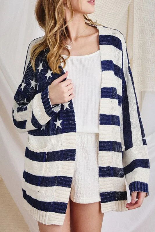 AMERICAN FLAG PRINT SWEATER CARDIGAN Real Fur Shearling Chenille