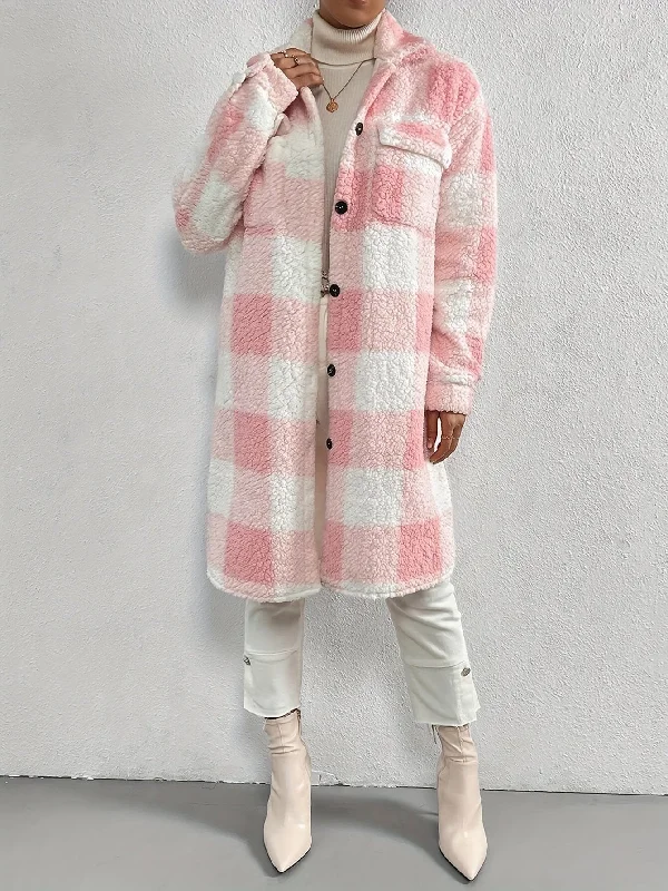 Longline Plaid Sherpa Coat Raincoat Turtleneck Coat Wrap Coat