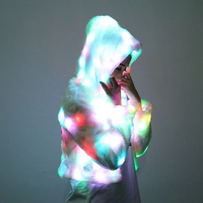 Long Sleeve Led Light Shining Faux Fur Coat Asymmetrical Collar Hooded Zippered