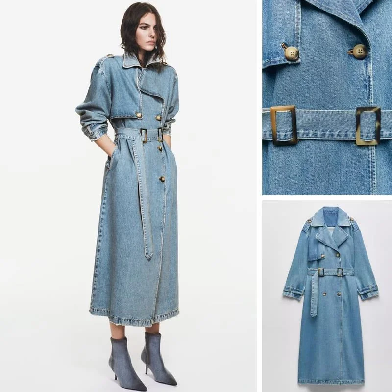 New Style With Belt Loose Mid-length Double-breasted Denim Trench Coat Hook-and-Loop Buckled Tied