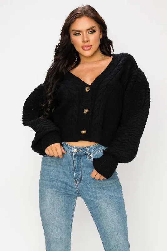Black Cable Knit Short Cardigan Sweater Spandex Rayon Corduroy