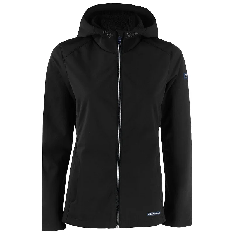 Cutter & Buck Women's Black Evoke Eco Softshell Recycled Full Zip Jacket Welt Pockets Slit Pockets Flap Pockets