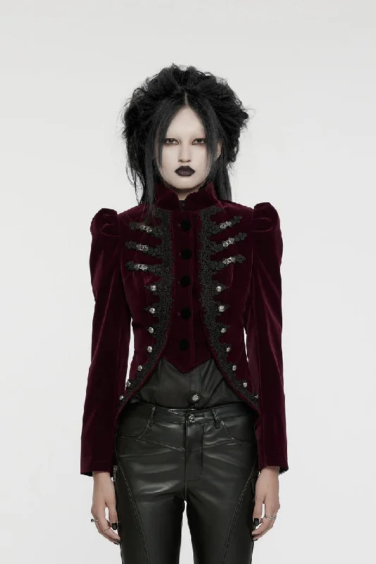 Red Stand Collar Long Sleeves Women's Gothic Swallowtail Coat Collared Crew Neck Turtle Neck