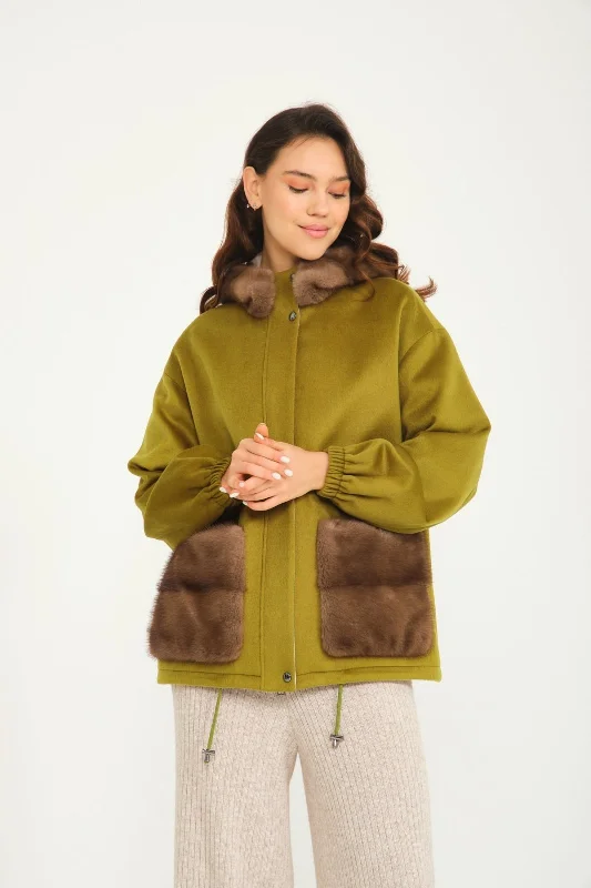 Oil Green Wool & Mink Fur Coat Solid Print Jacquard