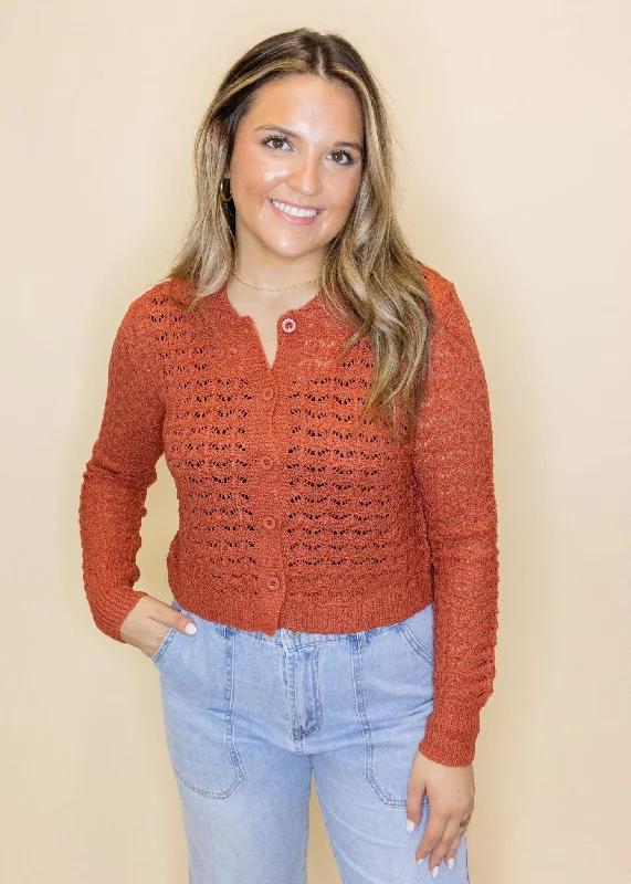 Rust Crochet Button Up Cardigan Fleece Fabric Down Fabric Feather Fabric