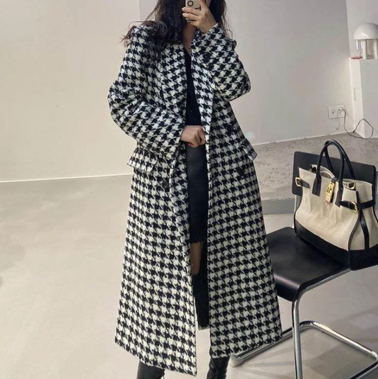 Womens Houndstooth Pattern Long Coat Coat Overcoat Trench Coat