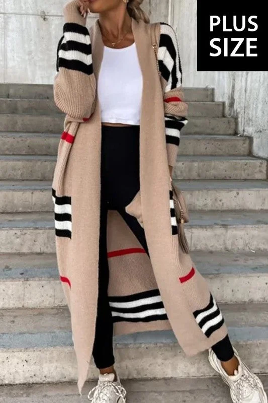 PLUS SIZE STRIPED PATCHWORK LONG CARDIGAN Spandex Blend Rayon Blend Denim Blend