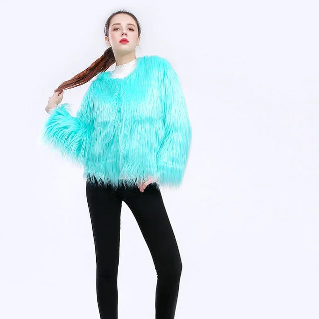Long Sleeve Faux Fur Coat Square Neck One-Shoulder Off-the-Shoulder