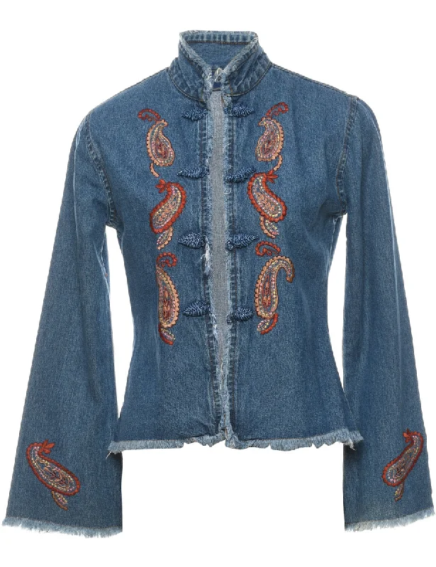 Paisley Pattern Y2K Embroidered Bell Sleeve Denim Jacket - S