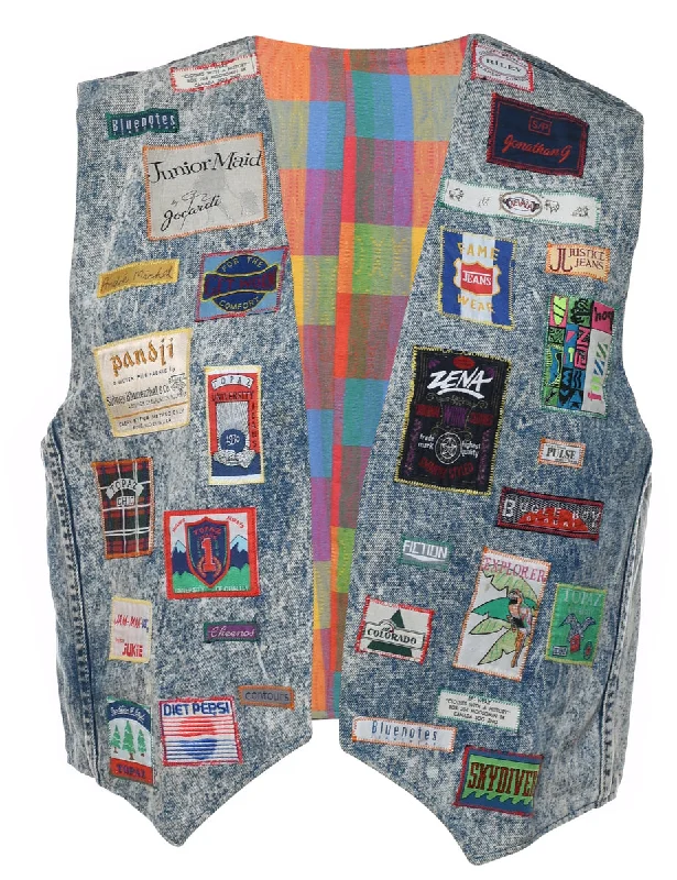 Patchwork Acid Wash & Multi-Colour Badge Detail Denim Jacket Vest - M