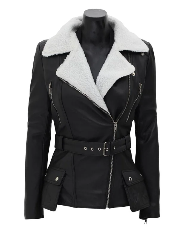 Women's Black Leather Shearling Moto Jacket