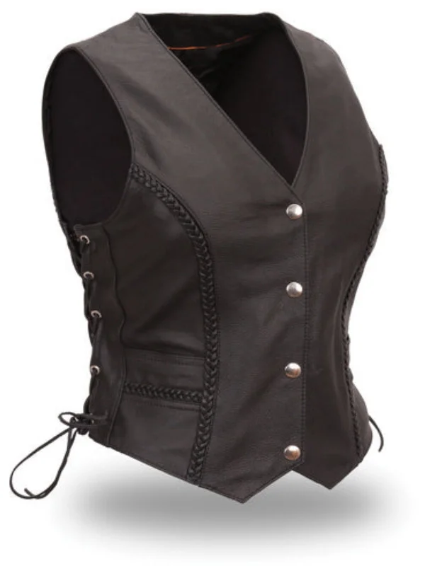 Women's Braided Black Leather Motorcycle Vest