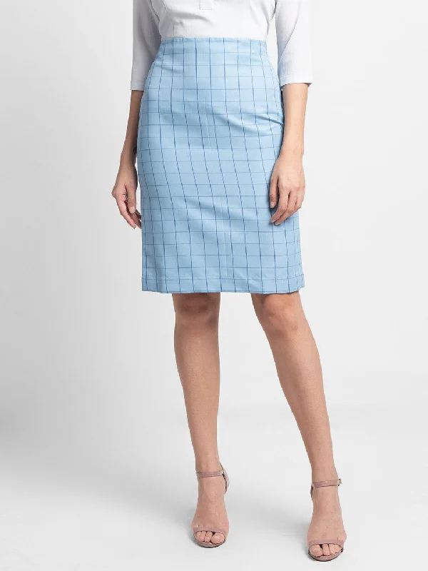 Windowpane Check Straight Skirt - Light Blue