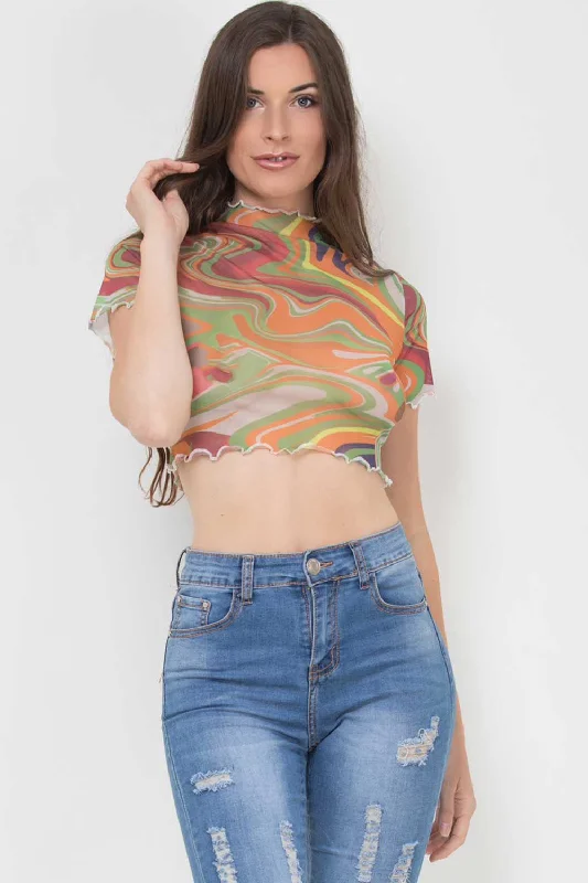 Marble Print Mesh Crop Top Green