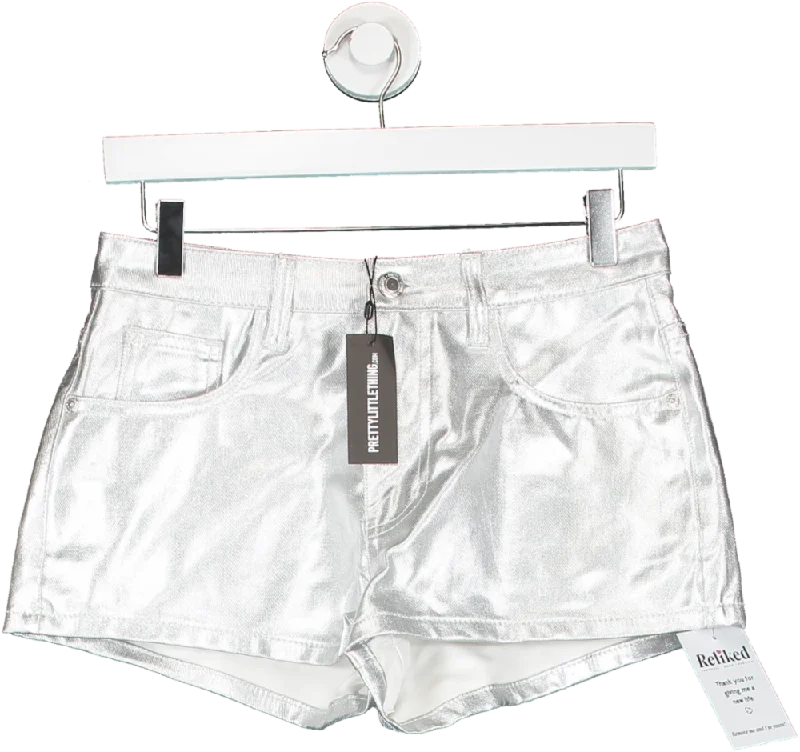 PrettyLittleThing Petite Silver Metallic Coated Denim Shorts UK 6