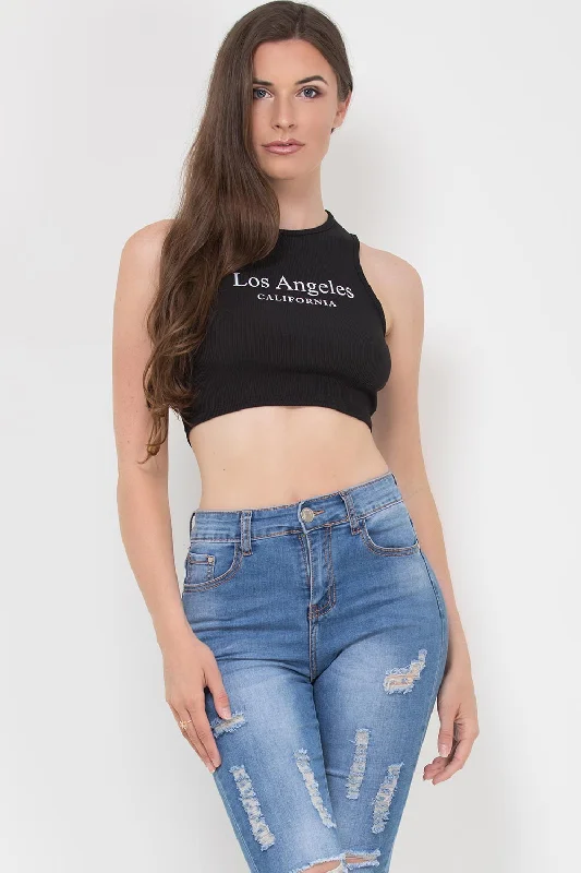 Rib Racerback Crop Top With Los Angeles California Slogan Black