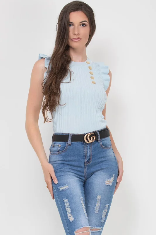 Ribbed Sleeveless Frill Detail Gold Button Top Sky Blue