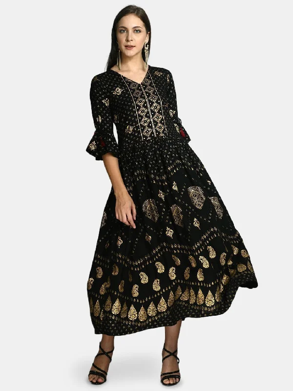 Women's Black Rayon Printed 3/4 Sleeve V Neck Casual Dress - Myshka
