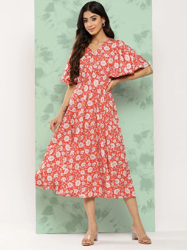 Women's Digital Printed Orange Crepe Dress - Janasya