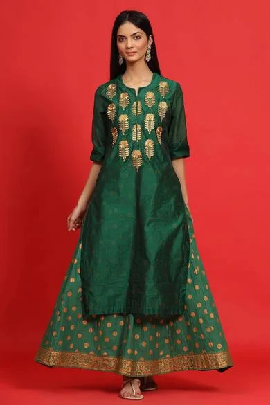 Emeraldgreen Chanderi Embroidered 2 Piece Kurta Dress - Juniper